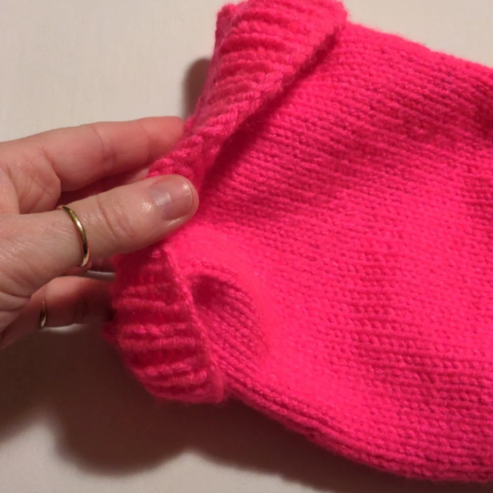 Hand Knit Neon Pink Beanie Hat With Floppy Pom-pom OSFM